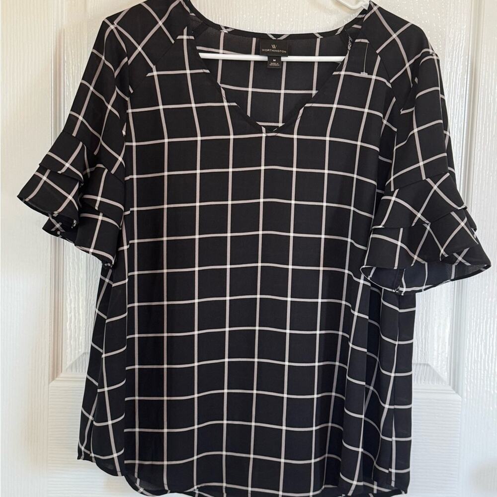 Worthington Black & White Grid Blouse, Career, Timeless, Chic Lightweight Medium - Picture 2 of 5